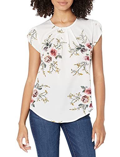 Milumia Women s Elegant Floral Print Petal Cap Sleeve Pleated Vacation Office Work Blouse Top Beige Medium