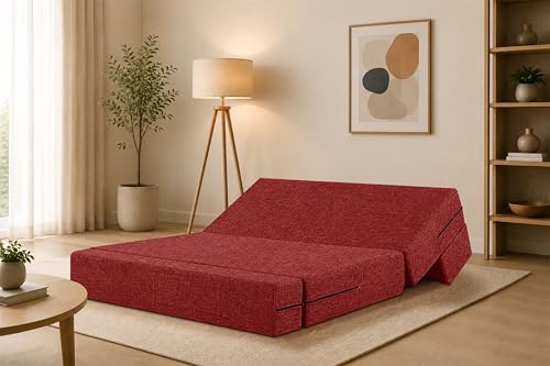 Image of Two Seater Sofa Cum Bed Jute Fabric 4 X 6 Ft| Space Saving Foldable Sofa Bed for Living Room & Guest Room | Comfortable Multi-Functional Furniture - Red