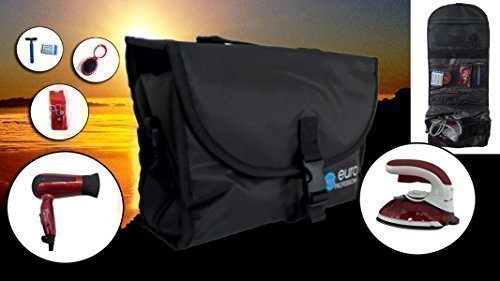 Euro Professional Travellerset / Reiseset 7 in 1 mit / Bügeleisen / Ionen-Haartrockner/Fön / Tragetasche / Bürste mit Spiegel / Nagelpflegeset / Einwegrasierer und Pflaster