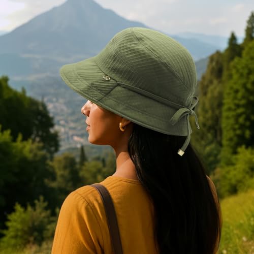 Image of SANNIDHI Sun Hats for Women Bucket Hat for Women, Wide Brim Summer UV Protection Beach Hat, Outdoor Casual Womens Hats with Chin Strap, Fashion Ladies