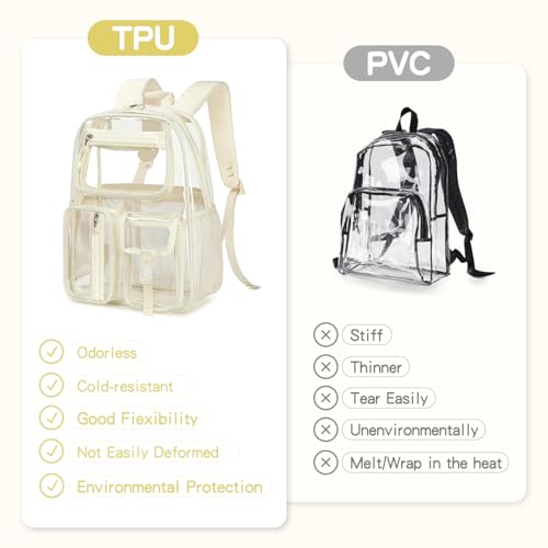 Image of Cusangel Clear Backpack Heavy Duty For Sport Events,TPU Beige 16in Bookbag | See Through Plastic Stitch Durable Design 6-Pocket For School Boys Adults work Airport Quick Security,Large capacity backpack