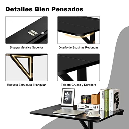 COSTWAY Mesa Plegable Pared de 80 cm x 60 cm, Escritorio Flotante para Espacios Pequeños, Estación de Trabajo Plegable para Cocina, Dormitorio, Lavadero, Estudio (Negro) - imagen 4