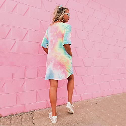 Image of MOUSYA Women Tie Dye Dress Short Sleeve T Shirt Dress Summer Casual Loose Mini Dress with Pockets