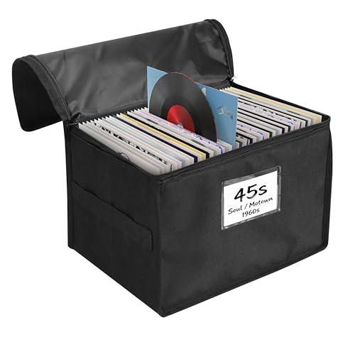 Bonnary Vinyl Record Storage Box Waterproof Organizer Storage with Lid & Handles for 60 (7-inch) Single Records Foldable Organizer for Valuable Album Collection