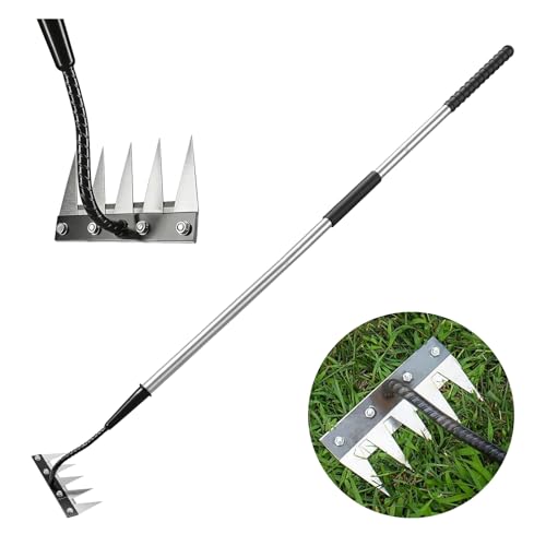 Garden Hand Rake Tool Carbon Steel Long Handle Weeding Garden Rake Forged Iron Weeding Rake Thickened 5 Teeth Carbon Steel Garden Weeding and Leaf Removal Tools