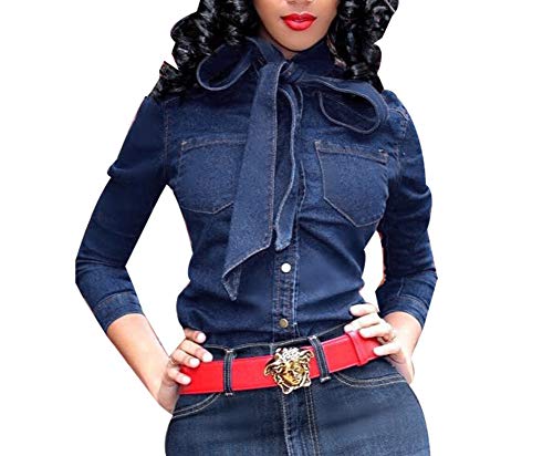 Women Fashion Bow Tie Denim Shirt Long Sleeve Button Up Slim Crop Top Blouse Plus Size Business Clubwear Blue XXL