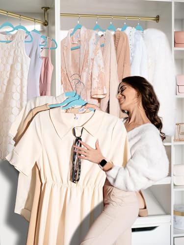 Image of Slim Plastic Hangers for Clothes - Heavy Duty Non-Velvet Hangers with 360 Swivel Chrome Hook & Non Slip Notches - Ideal for Dresses Coats Shirts Jackets & More (Aqua, 30)