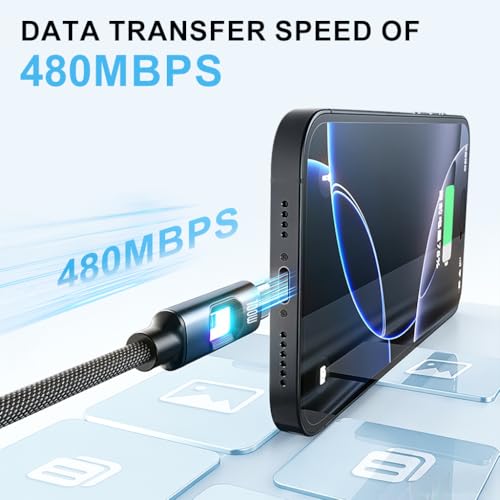 Image of Verilux PD 100W Type C Cable Fast Charging with Breathing Light, 5.9Ft /1.8M C Type Charger Cable Nylon Braid with 480Mbps Data Sync for iPhone 17 /17 Pro /17 Pro Max /16 /15, Galaxy S25 /S24 /S23, Black