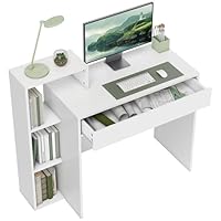 HOMCOM Scrivania Salvaspazio Moderna con 3 Ripiani Aperti e Cassetto Grande, Scrivania con Libreria in Legno, Tavolo Porta PC per Computer, per Ufficio, Studio e Camera da Letto, 100x40x90 cm, Bianco