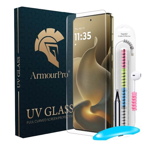 Image of ArmourPro UV Glue Tempered Glass for Motorola Signature Curved Screen Protector, 9H Anti Scratch, Edge-to-Edge Coverage, HD Clarity, Easy UV Kit with Cable Protector