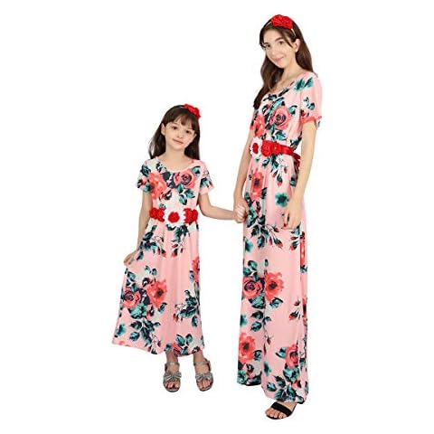HOSUKKO Mommy and Me Dresses Outfits, Sash Belt and Headband (Side Pockets) - Pink - 12- 24 Months Cover
