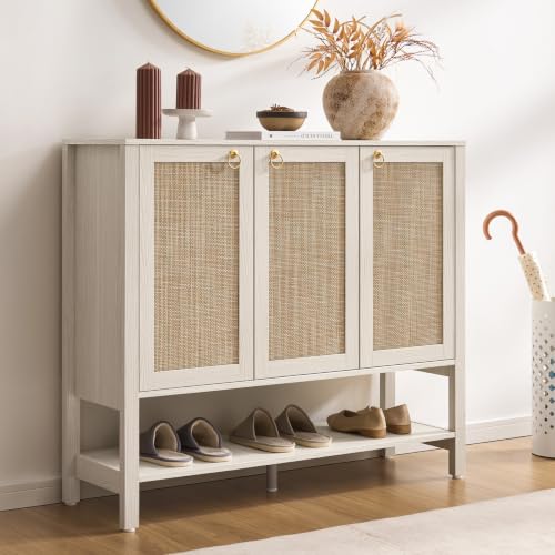 Image of SICOTAS Rattan Shoe Cabinet with Storage - 30 Pairs Boho Shoe Organizer with 3 Doors & Adjustable Shelves, Large Farmhouse Shoe Rack Cabinet for Entryway, Hallway, Living Room (White)