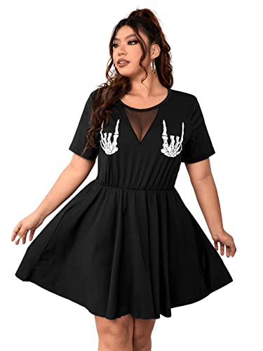 WDIRARA Women's Plus Size Contrast Mesh Cute Dress Skull Print A Line Dress Skeleton Hand Print Dresses Black 2XL