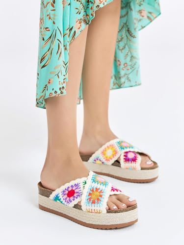 Image of Coutgo Womens Platform Espadrille Sandals Floral Crochet Open Toe Slides