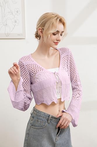 Image of Women's Lightweight Summer V-Neck Tie Front Cropped Cardigan Bell Long Sleeve Crochet Knit Open Front Top