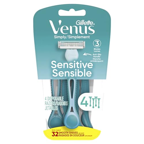 Gillette Venus Simply 3 Sensitive Women's Disposable Razors, Pack of 1 with 4 razors