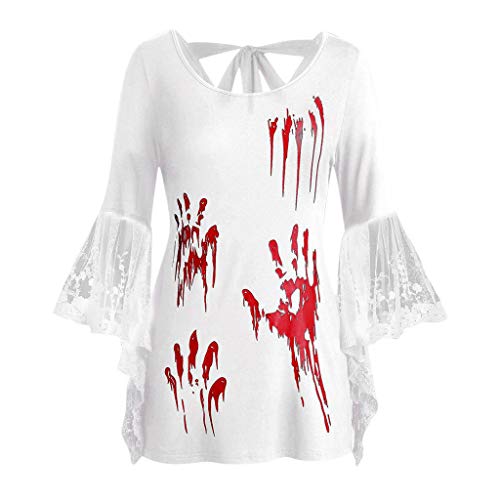 POLP Halloween Mujer Blusas de Encaje Top de Manga Larga de Halloween para Mujer con Manga Acampanada y Estampado de Manos con Sangre Camisetas de Cuello Redondo