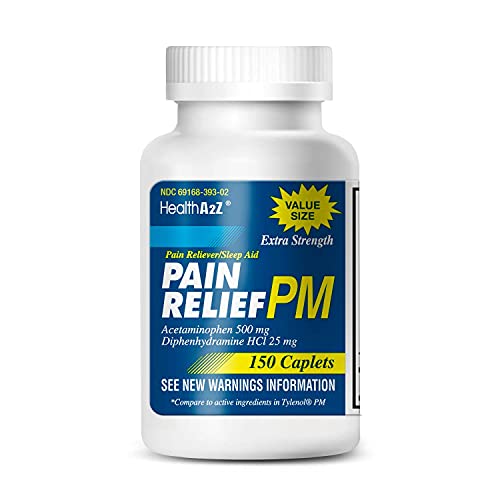 HealthA2Z Extra Strength Pain Relief PM | Acetaminophen 500mg | Diphenhydramine HCl 25mg | Pain Reliever & Nighttime Sleep Aid | 150 Caplets