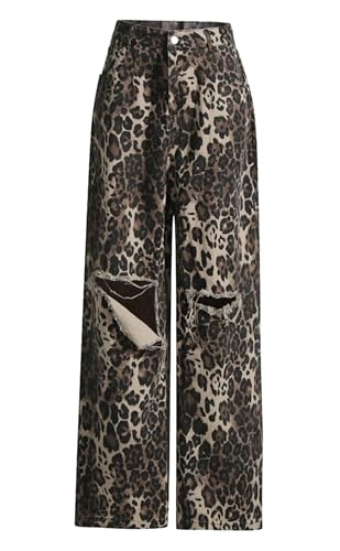 Women's Jeans Wide Leg Ripped Y2K High Waisted Baggy Leopard Print Pull On Pants for Women 2025 Trendy4