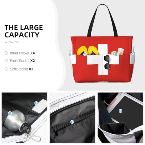 Swiss Flag Printed beach travel bag, perfect for shopping bags, swimming pools, gyms, travel shopping, large capacity beach bag with zipper,3