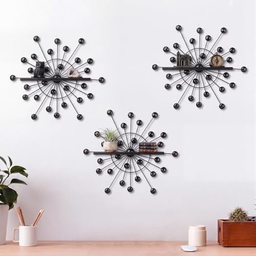 Image of Yaocom 3 Pcs Crystal Floating Shelves, Bling Sparkle Metal Starburst Wall Decor Shelves, Black Folding Wall Mounted Storage Shelf for Bedroom Bathroom Living Room Kitchen Office