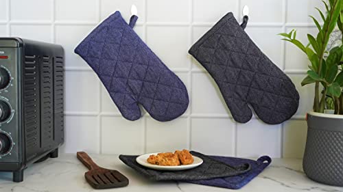Image of 2 Pot Holder Heat Resistant Cotton Hot Pad or Pot Stand for Kitchen Cooking & Baking | Quilted Thick Fabric, Easy Grip, Hanging Loop (Blue)