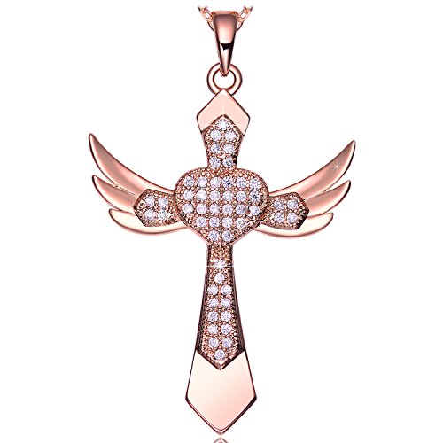 NEEMODA Angel Wings Cross Necklace Hand-Inlaid 5A Cubic Zirconia with Gift Box, 18 inches + 2 inches Chain