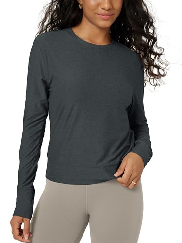 ODODOS Womens Long Sleeve Crewneck Tee - Ultra Soft odSTRATUM Tech Performance T-Shirts UPF 50+ Everyday Pullover Tops Charcoal Heather Medium