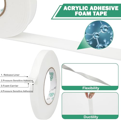 Image of Double Sided Tape 0.59 in x 15.1 ft, 2 Pack White Heavy Duty Removable Foam Tape, Strong Adhesive Waterproof for Car Home Office Decor, Damage-Free for Wall Picture Hanging