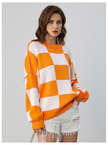 Image of SHENHE Women's Oversized Checkered Sweater Plaid Bell Sleeve Crewneck Vintage Sweater Jumper Orange Large