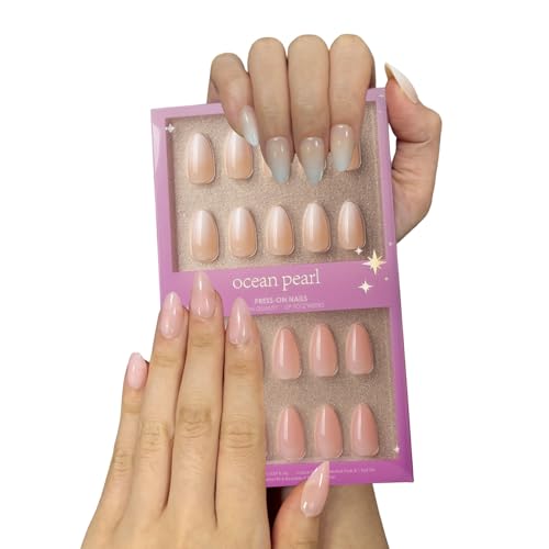 OCEAN PEARL Press On Nails 64pcs Short Almond, Semi-Sheer Nude & Vanilla Cream,Full Cover Fake Nails Nail Kit,16 Sizes per Hand,with 2 Strong Glues,File&Stick-Salon Look for Daily Wear,Work,or Parties