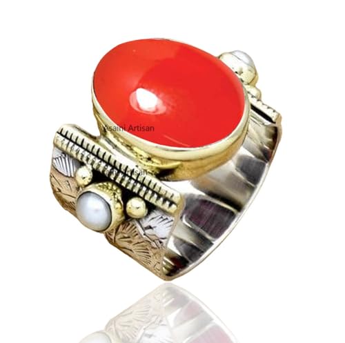10x14 MM Oval Gemstone Solid 925 Sterling Silver Two Color 15MM Wide Band Ring with Tiny Freshwater Pearl Accents for Women Gift
