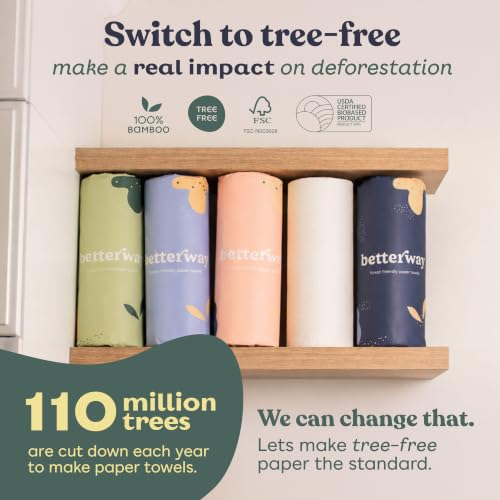 Image of Betterway Bamboo Paper Towels - 6 Rolls, 2 Ply - Plastic Free, Disposable Kitchen Paper Towels - Select Size, Tree Free, Compostable, Strong & Absorbent, No Dyes - PFAS Free