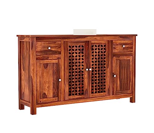 Image of Solid Sheesham Wood Wooden Sideboard Storage Cabinet & Chest of Drawer : Ideal for Living Room and Bedroom with 2 Drawers and 4-Shelf Storage (Mendes, Honey Finish)