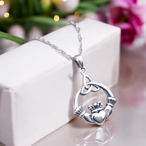 925 Sterling Silver Irish Claddagh Necklace - Trinity Celtic Knot Pendant with 20" Inch Chain - Hands Holding Heart Crown Charm - Love Celtic Jewelry for Women Girls3