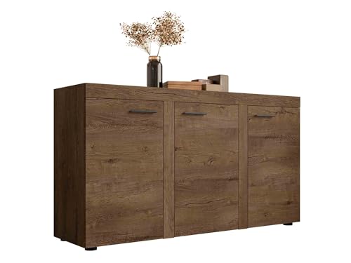 Mirjan24 Kommode Rango 3F mit 3 Türen, Highboard, Anrichte, Sideboard, Mehrzweckschrank, Naturtöne, Wohnzimmerschrank, Anrichte, Schrank (Lefkas Eiche)