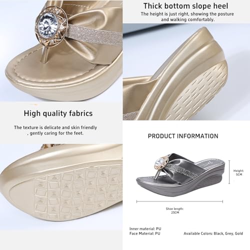 Womens Dressy Rhinestone Platform Flip Flops Trendy Comfortable Arch Support Cushion Walking Thong Sandals Low Wedge Slippers Summer Pool Beach2