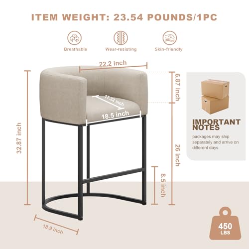 VATROS 26" H Counter Height Bar Stools Set of 3, Modern Barrel Counter Stools with Backrest and Arms, Linen Fabric Upholstered Accent Barstools for Kitchen Island, Support 450 LBS, Beige - view 1