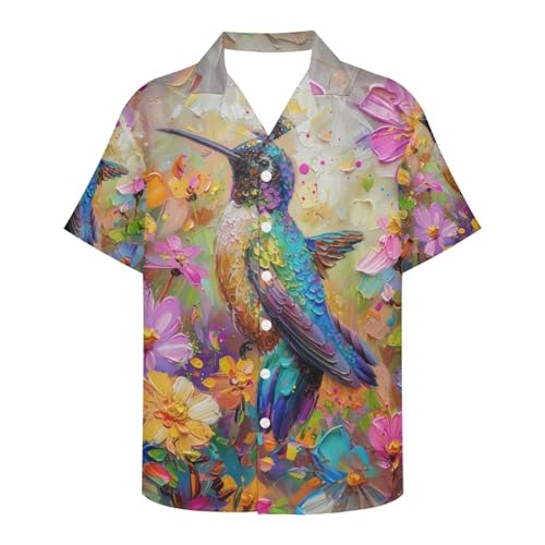 PinUp Angel Cute Hummingbird Print Hawaiian Shirt for Men Funky Animal Oil Painting Graphic Casual Button Down Short Sleeve Summer Beach Shirt