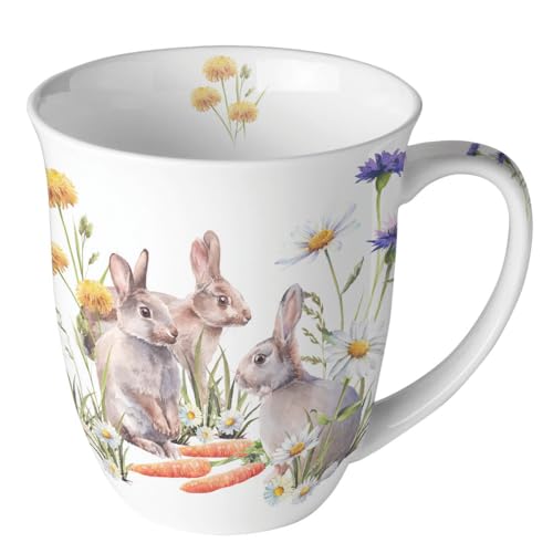 Taza de porcelana con diseño de conejos de Pascua con zanahorias en la hierba. Taza de porcelana para mesa y como regalo, 0,4 x 10,5 cm