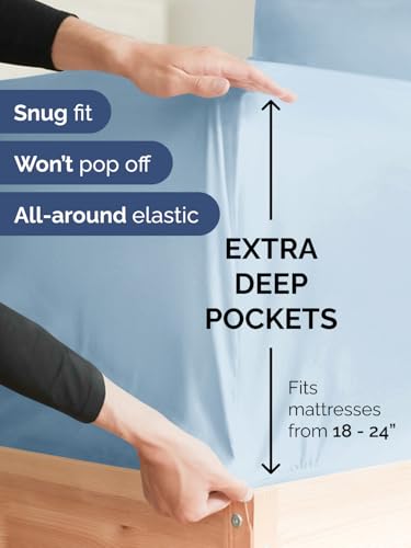 Image of Deep Twin XL Fitted Sheet - College Dorm Room Essentials - Sky Blue | Easily Fits 18 inch to 24 inch Mattress, Wrinkle Resistant, Soft, Breathable & Comfy, Extra Deep Pockets Fitted Sheet