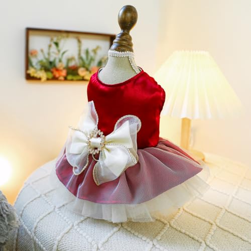 Image of HDKUW Small Dog Dress, Girl Puppy Lace Princess Skirt Tutu Dress with Bowknot,Chihuahua Yorkie Clothes Outfit for Birthday Wedding Party Red XL