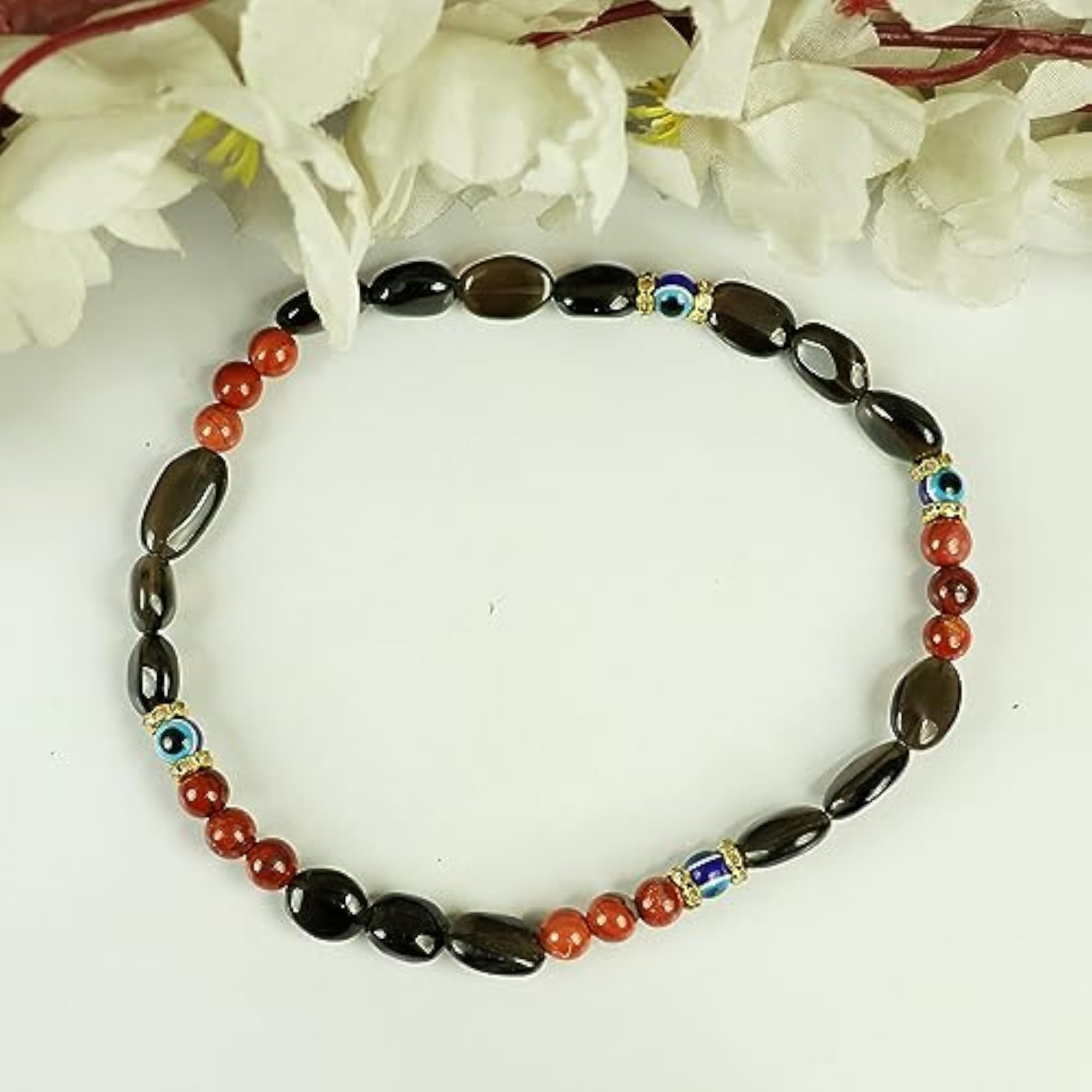Natural Smoky Quartz & Goldstone Evil Eye Multi Stone Anklet
