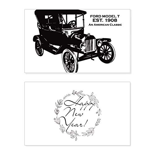 Tarjeta de año nuevo de diseño mecánico y coches clásicos con acabado negro elegante