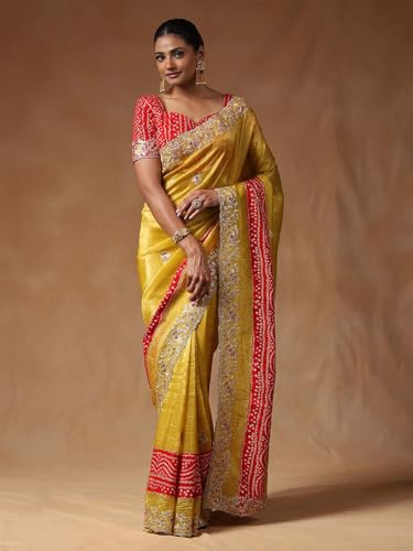 Image of SAREE MALL Women's Tissue Embroidered Saree With Unstitched Blouse Piece