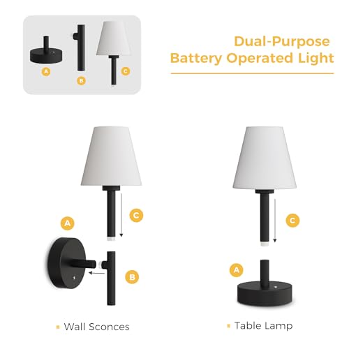 Image of L LOHAS LED Battery Operated Wall Sconce & Table Lamp Set of 2, 10000mAh Battery Powered Dimmable Wall Lamp with App, 15 DIY Color, Wireless Sconces Wall Decor for Living Room, Bedroom, Black