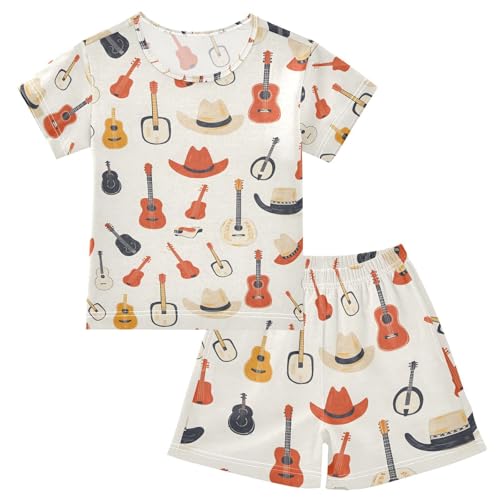 ALAZA Guitar Hat Music Pajamas Set Short Sleeve Cotton Sleepwear Summer Pjs 2 Piece 5-14Y