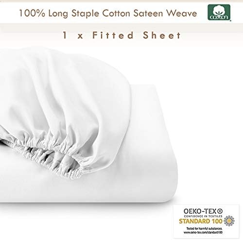 100% Cotton White King Size Fitted Sheets 1 Pc Only, 400 Thread Count Long Staple Cotton Fitted Sheets King Size 160 x 200 cm, Sateen Cooling 40 cm Deep Fitted King Size Sheet (White Sheet) Pizuna