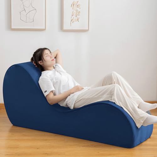 TESZONE Yoga Chaise Lounge Chair, Velet Yoga Lounge Chair for Stretching Relaxation with Side Pockets Non-Slip Bottom Removable Cover (Blue)