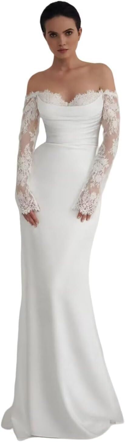 Simple Mermaid Wedding Dresses for Bride 2026 Boho Beach Satin Bridal Gown for Wedding with Sleeves Train